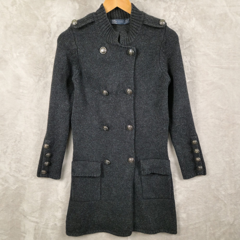 Zara Knit Cardigan Size M Angora Wool Blend Military Style Double-Breasted Gray